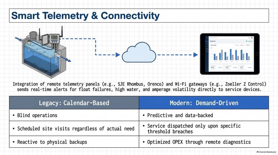 Smart septic telemetry panel and Wi-Fi gateway showing monitoring status and demand-driven alerts