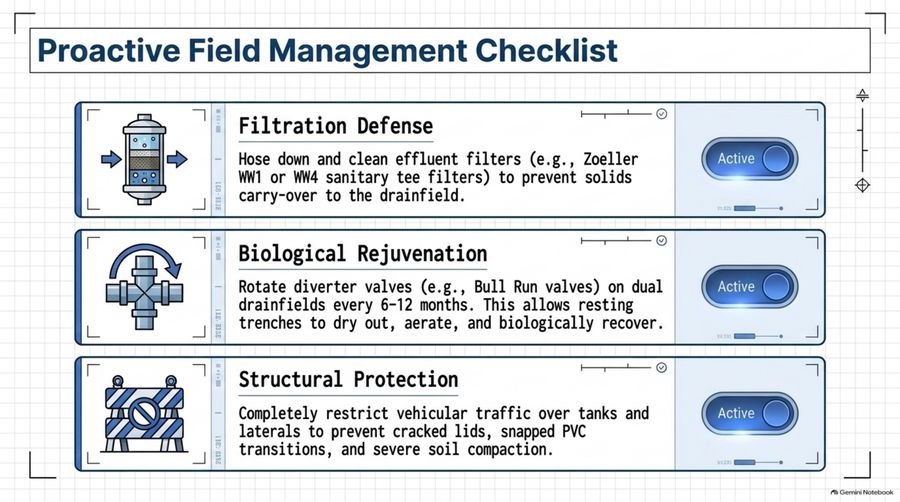 Proactive field management checklist covering filtration defense, biological rejuvenation through diverter valve rotation, and structural protection