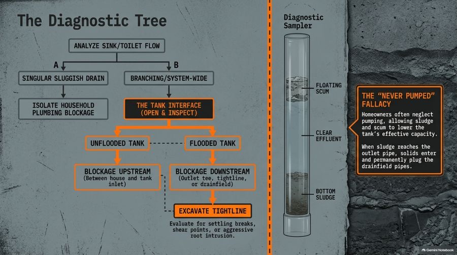 Septic diagnostic tree: analyze sink and toilet flow, then isolate household plumbing or open and inspect the tank