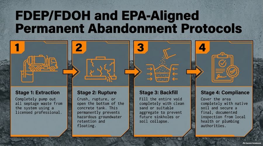Four-stage permanent abandonment protocol: extraction, rupture, backfill, and compliance inspection